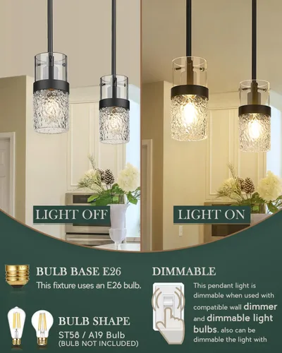 Miniatura 6 de LMS Luces colgantes de cristal para isla de cocina, 1 luz moderna negra colgante con vidrio martillado y varillas, mini iluminación colgante