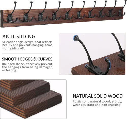 Miniatura 5 de IBosins Perchero de pared de 34'' con 10 ganchos tri-decorativos, colgador de abrigos de madera resistente, barra de ganchos rústicos para entrada