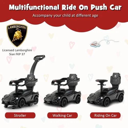 Miniatura 2 de INFANS 3 en 1 Coche de Paseo para Empujar, Silla de Paseo Licenciada Lamborghini para Bebés con Coche de Paseo Deslizante, Bocina, Música, USB, Negro