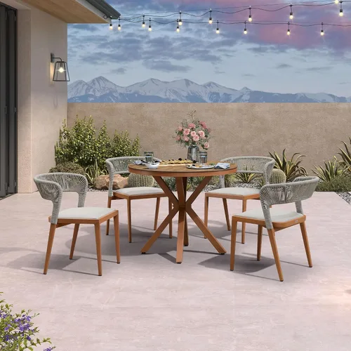 Miniatura 72 de PURPLE LEAF Juego de comedor redondo de 5 piezas de gran tamaño, marco de aluminio y mimbre de ratán para patio, mesa y sillas con cojines
