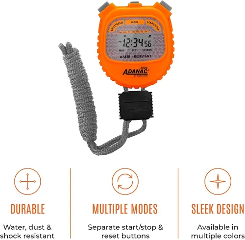 Miniatura 3 de Marathon Adanac - Temporizador digital de cronómetro 3000, color naranja neón, alta precisión hasta 1/100 segundos, resistente al agua, al polvo y a
