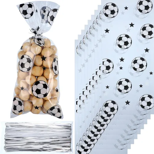 Blulu 100 bolsas de regalo de fútbol, celofán de fútbol, bolsas de golosinas de celofán sellables con calor, bolsas de dulces de fútbol con 100