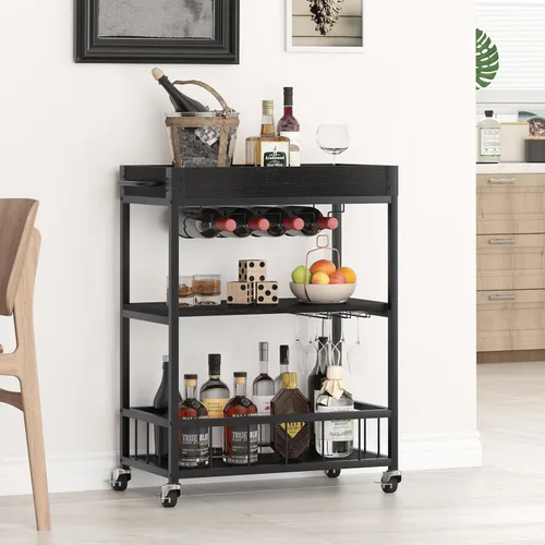 Miniatura 2 de Carro de servicio para bar con soporte para vino de 3 niveles, carrito móvil para el hogar, con ruedas, carrito de cocina industrial
