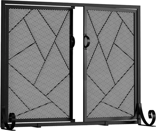 Miniatura 5 de Fire Beauty Pantalla de chimenea con puertas con bisagras Borde de hierro fundido, marco de acero resistente, malla metálica duradera, protector