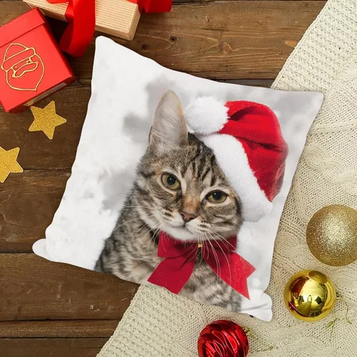 Miniatura 2 de SPXUBZ - Funda de almohadón navideño con gato de vacaciones de invierno con gorro rojo de Santa, funda cuadrada para sofá, cama, silla o sofá cama