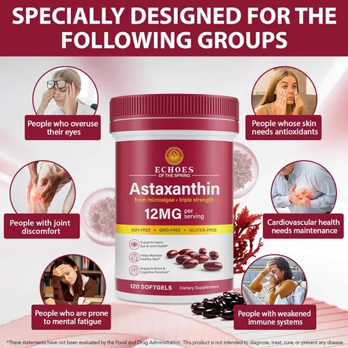 Miniatura 2 de Astaxantina 12 mg – Astaxantina natural de Haematococcus Pluvialis, suplemento antioxidante de triple fuerza para apoyo de ojos, piel