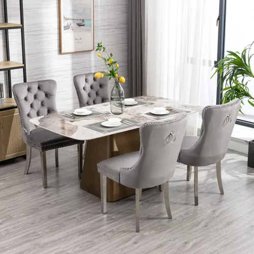 Miniatura 3 de Juego de 2 sillas de comedor de terciopelo, sillas decorativas tapizadas con patas de metal plateado, ribete de cabeza de clavo, tirador de anillo
