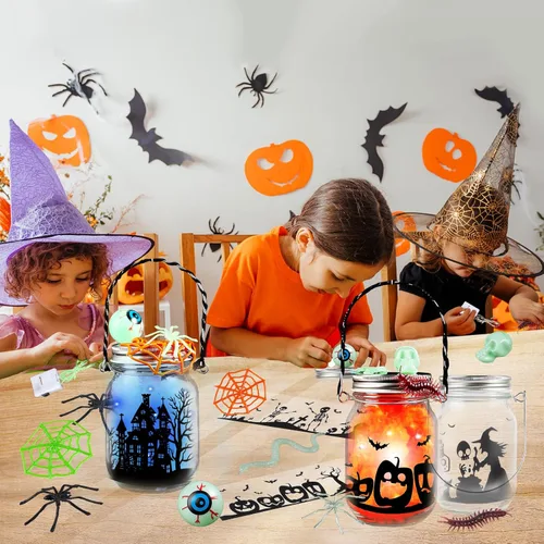 Miniatura 5 de Kit de manualidades de Halloween para niños, 4 tarros de vidrio con accesorios para tarro de farol de bricolaje, suministros de fiesta de arte