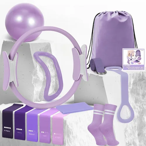 Miniatura 8 de Kit esencial de anillo de pilates para mujer, equipo de entrenamiento en casa con pelota de 9.8 pulgadas, bandas de resistencia, círculo mágico