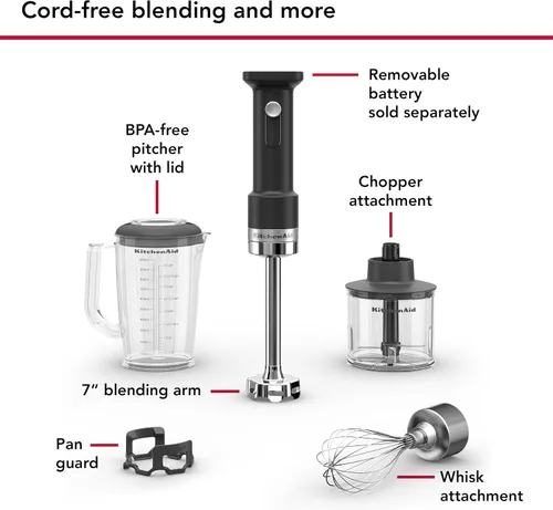 Miniatura 3 de KitchenAid Batidora de mano inalámbrica Go con accesorios: la batería se vende por separado, KHBRV05, negro mate