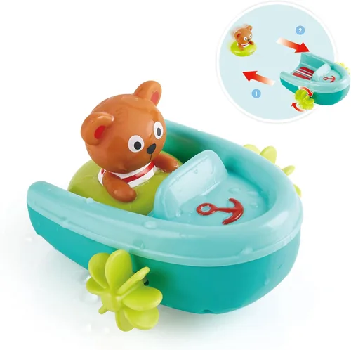 Hape Juguete de baño de barco con retroceso de tubo, oso de peluche, juguete de baño flotante para remo de barco, juguete para bañera y ducha para