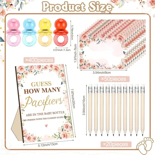 Miniatura 4 de Syhood Floral Baby Shower Games Guess How Many Pacifiers - Cartel de juego 50 pequeños juegos de adivinanzas, 20 lápices HB, botella de leche