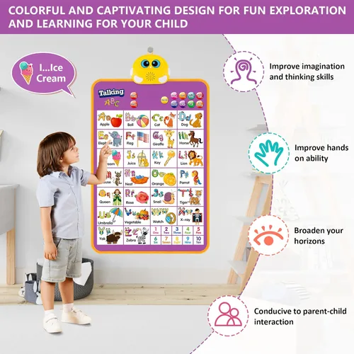 Miniatura 6 de Tabla de pared del alfabeto, ABC parlante, póster musical, juguetes de aprendizaje para niños pequeños de 2 a 4 años, juguetes interactivos