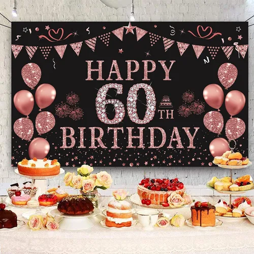 Miniatura 3 de Trgowaul Decoraciones de cumpleaños número 60 para mujer, pancarta de fondo de cumpleaños de oro rosa, 5.9 x 3.6 pies, suministros de fotografía