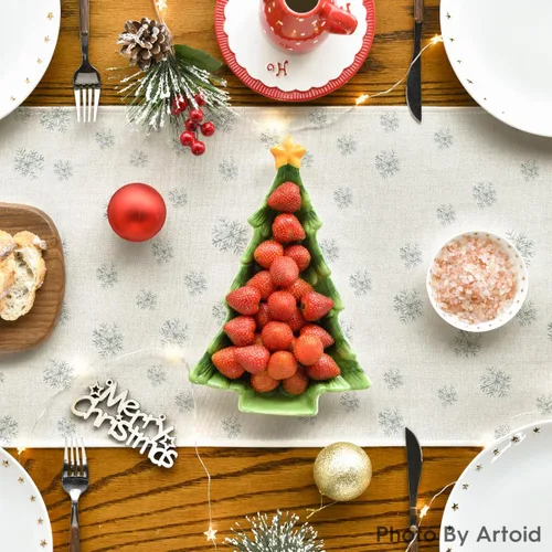 Miniatura 4 de Artoid Mode - Camino de mesa beige con diseño de árbol de pino y copos de nieve, «Feliz Navidad», decoración de mesa de comedor para fiestas