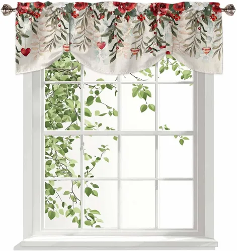 Miniatura 12 de Cenefa de amarre cardenal de Navidad, cenefa de cocina ajustable con hojas de eucalipto verde baya, cenefas blancas con bolsillo para barra