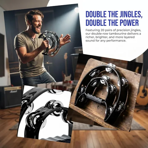 Miniatura 3 de Musfunny Half-MoonTambourines Instrumento musical para adultos, fiesta, color negro Half-Moon, Double Row Metal Jingles, Hand Held Percussion