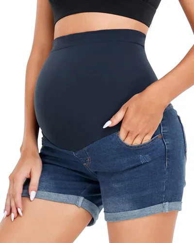 HOFISH Pantalones de mezclilla elásticos para mujer, cómodos pantalones cortos de mezclilla para entrenamiento, casuales, para embarazo