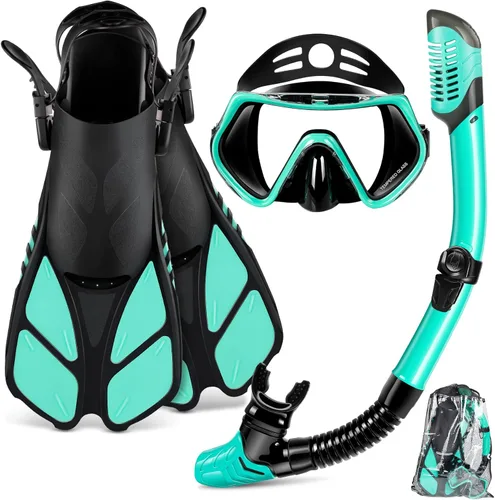 ZEEPORTE Mask Fin Snorkel Set, Travel Size Snorkeling Gear for Adults with Panoramic View Anti-Fog Mask, Trek Fins, Dry Top Snorkel and Gear Bag for