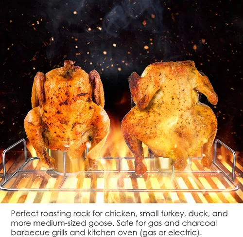 Miniatura 7 de Estante Doble para Pollo con Latas de Cerveza y Cepillo de Aceite de Silicona, Soporte de Acero Inoxidable para Pollo Doble para Ahumador