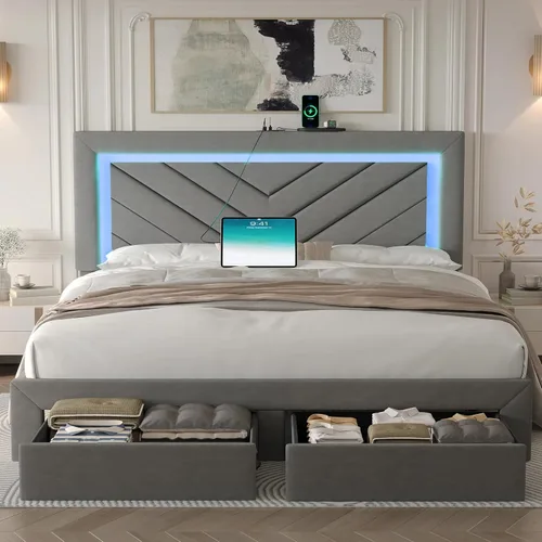 Miniatura 11 de Base de cama tamaño Queen con cabecera ajustable y cajón de almacenamiento, marco de cama tapizado Queen con luces LED RGB y estación de carga