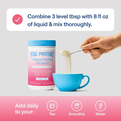 Miniatura 5 de Vital Proteins Péptidos de colágeno avanzados, péptidos hidrolizados con ácido hialurónico y vitamina C, sabor fresa y limón, 10.5 onzas