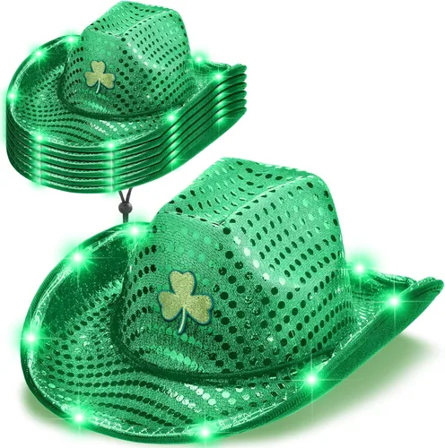 Silicherry Paquete de 6 sombreros de vaquero de trébol de San Patricio con luz LED, sombrero de vaquera verde trébol, sombrero irlandés para