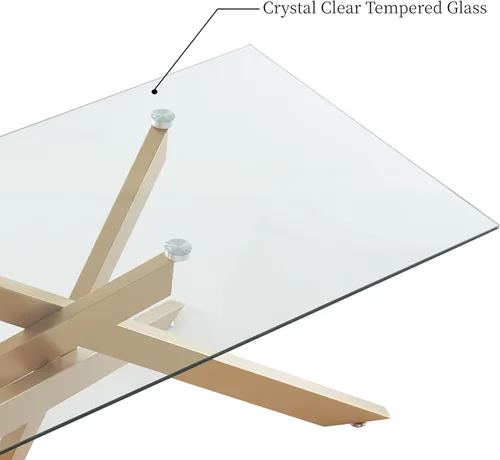 Miniatura 9 de Mesa de café dorada para sala de estar, mesa de café moderna de vidrio con tapa de vidrio templado de 47" y patas metálicas tubulares para espacios