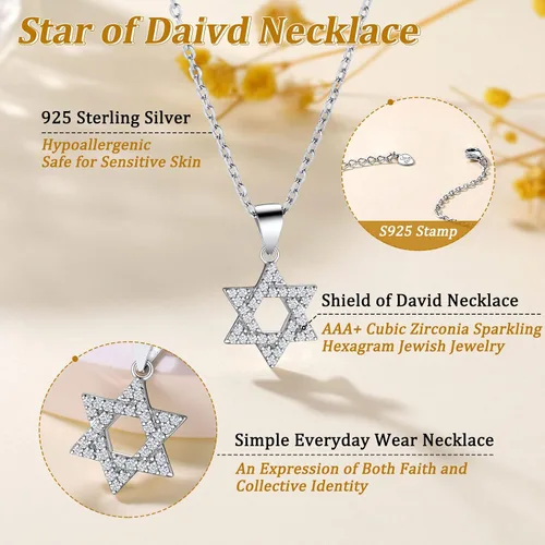 Miniatura 4 de Suplight Collar de plata de ley 925 con estrella judía de David, acero inoxidable, chapado en oro, mano islámica de corazón de Fátima, collares