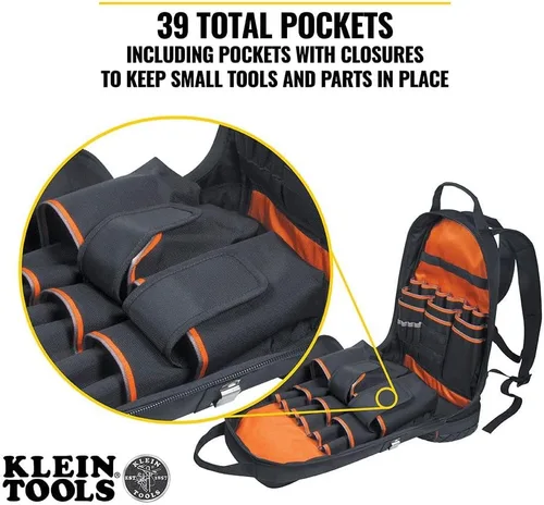 Miniatura 4 de Klein Tools 80115 Kit de mochila con mochila Tradesman Pro de 39 bolsillos y cuchillo de bolsillo para electricistas, 2 piezas