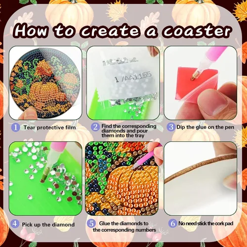 Miniatura 3 de Denylo pro 8 piezas de kits de posavasos de arte de diamante de calabaza de otoño con soporte DIY arte de diamante de calabaza de otoño posavasos