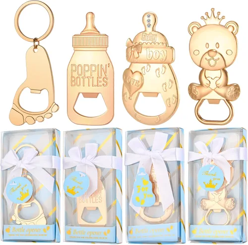 Abrebotellas de bebé, 24 piezas, llavero con huella de oso y niño, abrebotellas con caja de regalo azul, recuerdos de fiesta de baby shower para