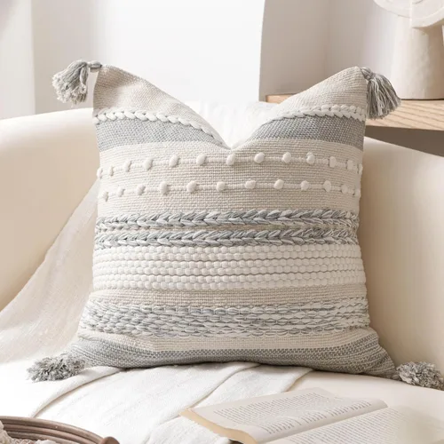 BlissBlush Funda de almohada decorativa bohemia gris de 22 x 22 pulgadas, cojín cuadrado de estilo rústico para sofá, sala de estar y dormitorio,