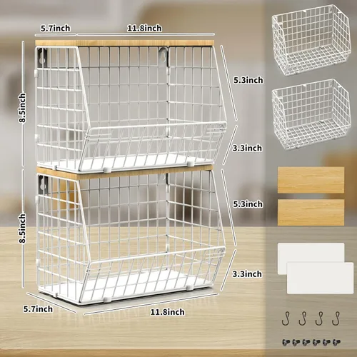 Miniatura 6 de Mefirt Cesta de frutas, frutero de 2 niveles para encimera de cocina, almacenamiento de frutas apilable montado en la pared, organizador de Marrón