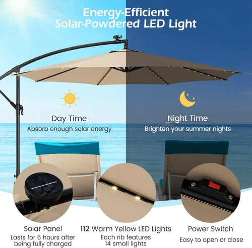 Miniatura 6 de Tangkula Sombrilla solar de 10 pies, sombrilla colgante inclinada en voladizo con 112 luces LED de lluvia de meteoros, con manivela, sombrilla