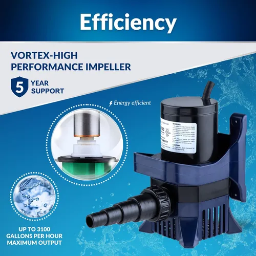 Miniatura 8 de Alpine Corporation PAL3100 Bomba de agua sumergible de 3100 GPH con cable de 33 pies, motor silencioso de 276 W, elevación de 21.5 pies, flujo