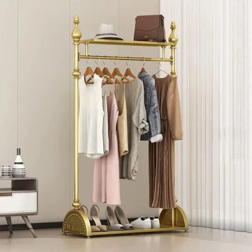 Miniatura 8 de Perchero de ropa dorado, perchero industrial para colgar ropa con estantes dobles independiente, multifuncional, resistente, perchero de metal móvil