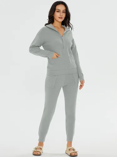 Miniatura 4 de DEEP SELF Conjunto de dos piezas para mujer, suéter de manga larga, media cremallera, pantalones deportivos con bolsillos