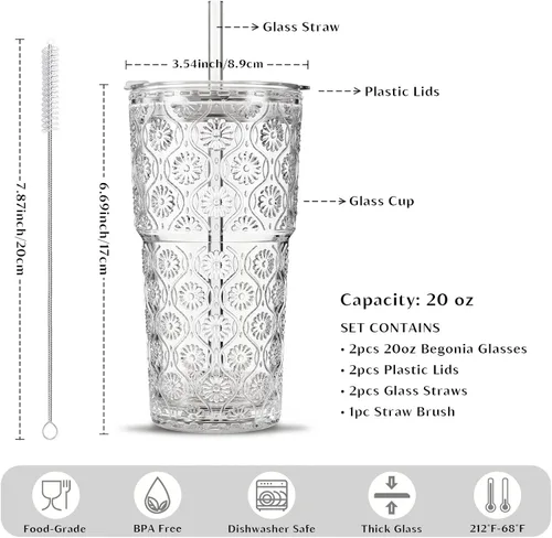 Miniatura 2 de INSETLAN Juego de 2 vasos de vidrio con diseño de flor de begonia de 20 onzas, vasos de vidrio grueso con tapas y pajitas de vidrio para café