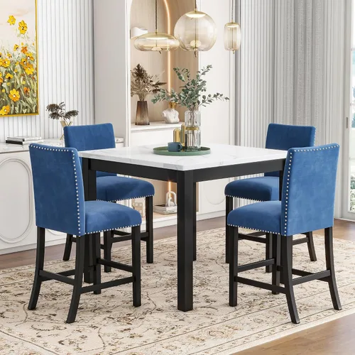 Miniatura 11 de RuiSiSi Juego de mesa de comedor de 5 piezas para 4 personas, mesa de cocina con parte superior de mármol sintético con 4 sillas tapizadas