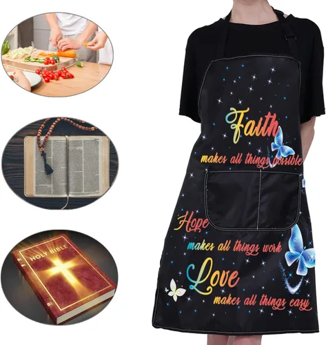 Miniatura 7 de CMNIM Delantales cristianos para regalo religioso, versículos de la Biblia, delantal de cocina cristiana con bolsillos, delantal de cocina Faith