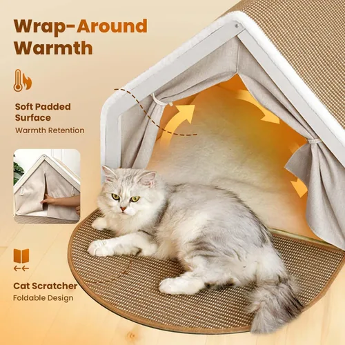 Miniatura 4 de Casas para gatos de interior – Cama para gatos de 4 estaciones con sisal natural rascador para gatos, marco de madera maciza con cortinas y alfombra
