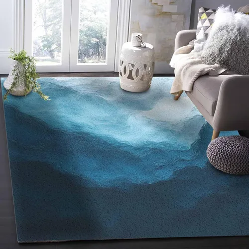 Miniatura 3 de Alfombra rectangular grande azul costero de 2.7 x 5 pies, para sala de estar, playa, degradado, abstracto, moderno, degradado, ondulado, duradero