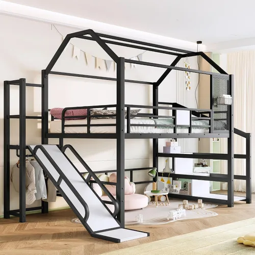 Miniatura 11 de Bellemave Cama Loft de Metal Tipo Casa Tamaño Twin con Tobogán y Escaleras, Marco de Cama Loft Casa de Juegos de Servicio Pesado con Estantes