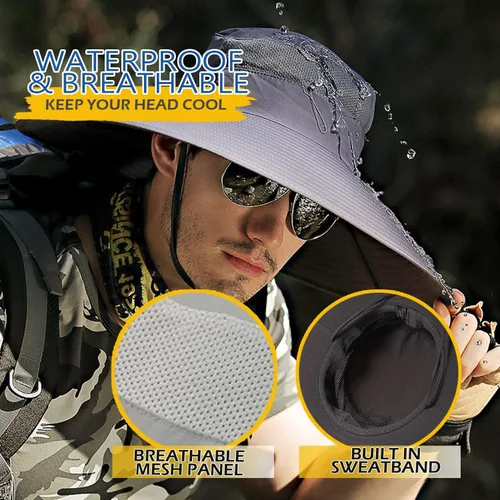 Miniatura 4 de Sombrero de ala súper ancha, protección UPF 50+, sombrero de pescador impermeable para pesca, senderismo, campamento, nailon transpirable y malla