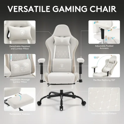 Miniatura 4 de Silla de juegos de tela transpirable, silla de oficina para computadora con reposapiés, soporte lumbar de masaje y almohadilla de gel, silla