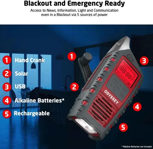 Miniatura 3 de Eton Odyssey Radio meteorológica NOAA con manivela, radio de emergencia de todas las bandas, radio tormenta de onda corta AM/FM, Bluetooth, cargador