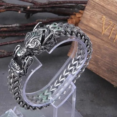 Pulsera de lobo vikingo Fenrir para hombre, cadena de eslabones de Franco bizantino de acero inoxidable, joyería gótica nórdica personalizada (color