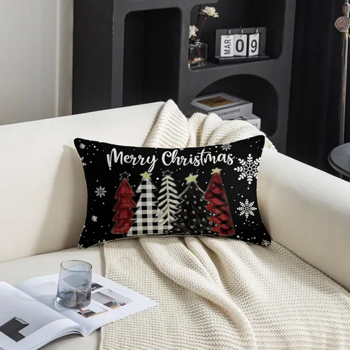 Miniatura 6 de TAJWE Fundas de almohada navideñas de 12x20, juego de 2, deja caer la nieve, muñeco de nieve, árboles de Navidad, fundas de cojín lumbares negras