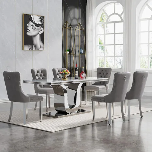 Miniatura 24 de Juego de mesa de comedor de mármol de lujo de 70 pulgadas para 4, juegos de mesa de cocina blanco y dorado para 4, mesa de comedor moderna de mármol